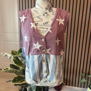 Vtg Quizz New York Stars and Stripes Denim Vest‎ Patriotic Americana